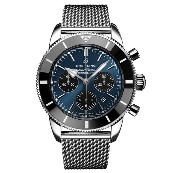 Montre Breitling Superocean Heritage B01 Chronograph cadran bleu Blackeye bracelet maille milanaise 44 mm