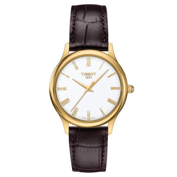 Montre Tissot T-Gold Excellence Lady 18K Gold quartz cadran blanc bracelet cuir brun 32 mm