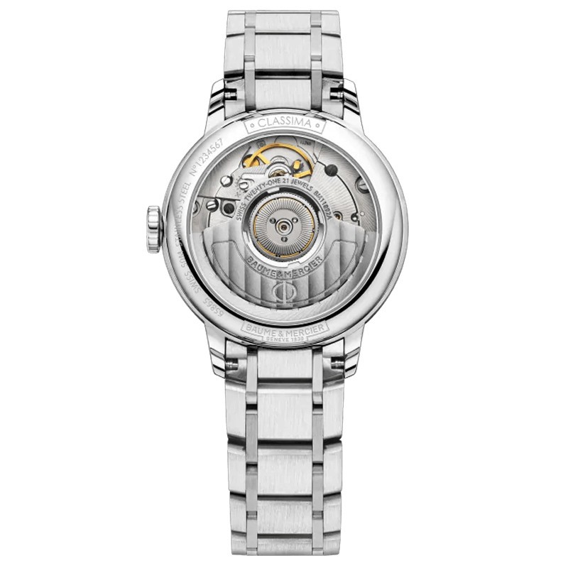 Montre Baume et Mercier Classima automatique lunette sertie cadran nacre bracelet acier 31 mm