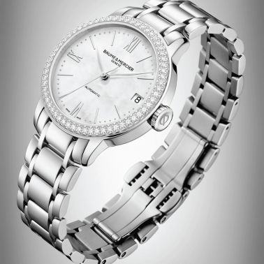 Montre Baume et Mercier Classima automatique lunette sertie cadran nacre bracelet acier 31 mm