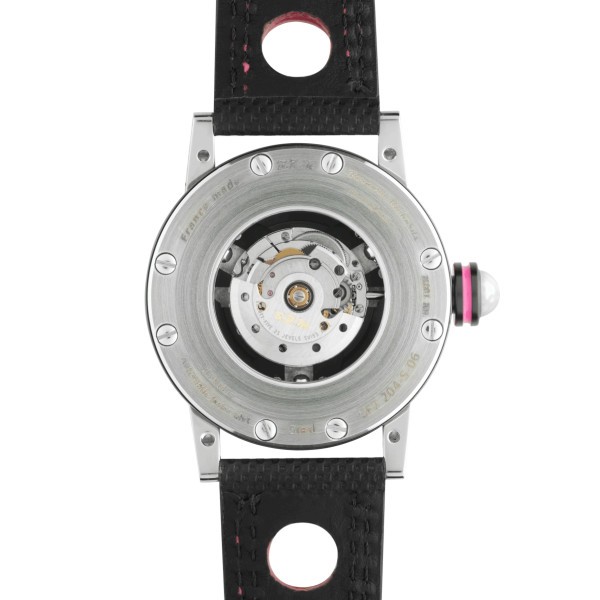 Montre BRM GF7 automatique inox traité PVD noir aiguilles roses 38 mm