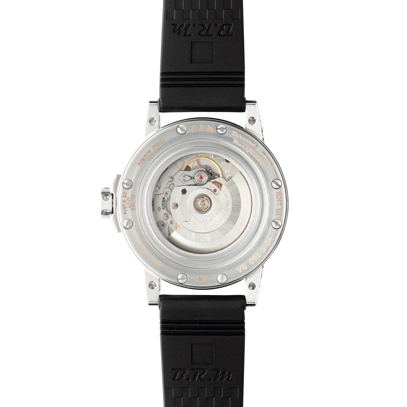 Montre BRM V6 automatique inox cadran blanc aiguilles noires bracelet caoutchouc 44 mm