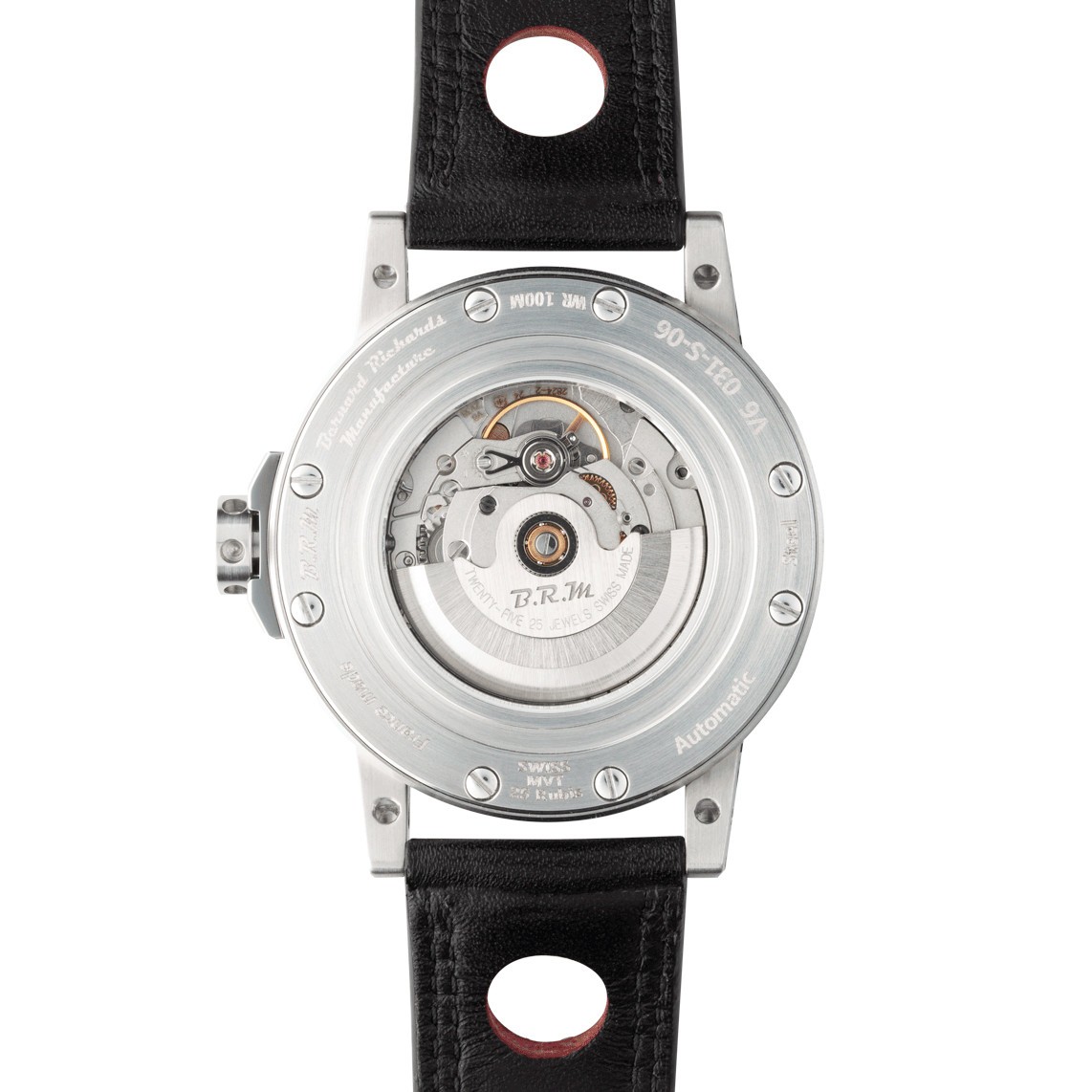 Montre BRM V6 automatique inox cadran noir aiguilles rouges bracelet cuir noir 44 mm