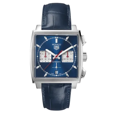 TAG Heuer Monaco Calibre Heuer 02 watch blue dial crocodile strap 39 mm CBL2111.FC6453