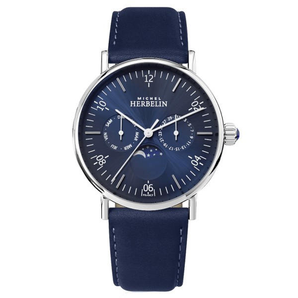 Montre Michel Herbelin Inspiration quartz phase de lune cadran bleu bracelet cuir bleu 38 mm