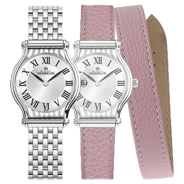 Montre Michel Herbelin Coffret Antarès quartz cadran argent chiffres romains bracelets acier et cuir rose