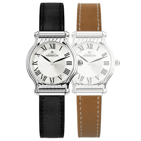 Montre Michel Herbelin Coffret Antarès quartz cadran argent chiffres romains bracelets cuir noir et gold 30 mm