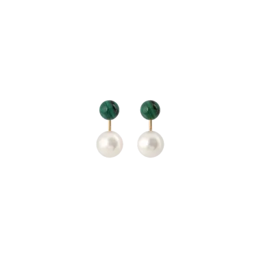 Boucles d'oreilles Claverin Le Jonc en or jaune perles blanches et perles de malachite