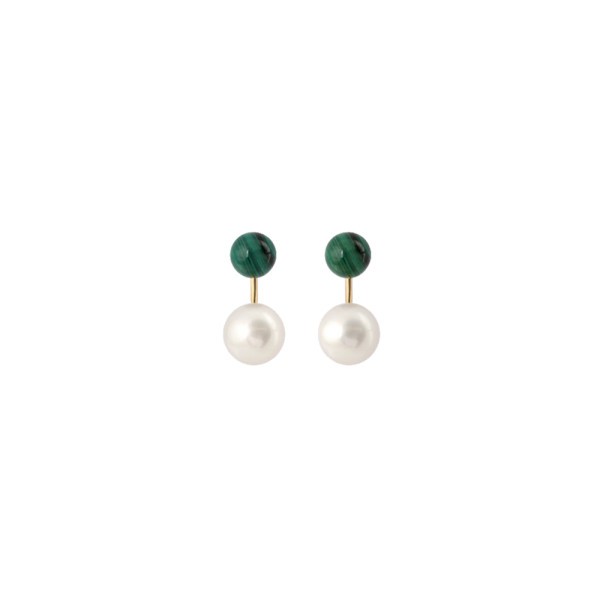 Boucles d'oreilles Claverin Le Jonc en or jaune perles blanches et perles de malachite