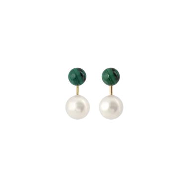 Boucles d'oreilles Claverin Le Jonc en or jaune perles blanches et perles de malachite