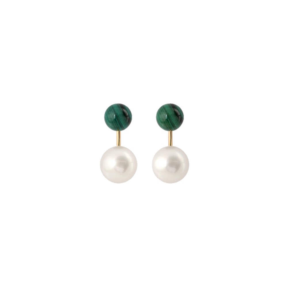 Boucles d'oreilles Claverin Le Jonc en or jaune perles blanches et perles de malachite
