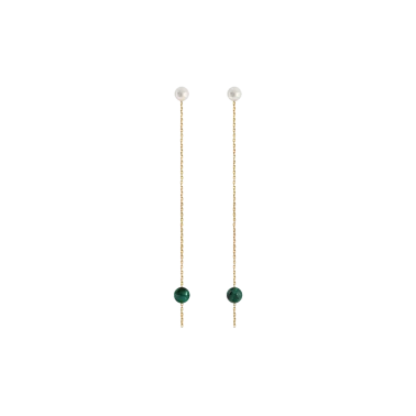 Boucles d'oreilles Claverin Hope  Two en or jaune perles blanches et perles de malachite