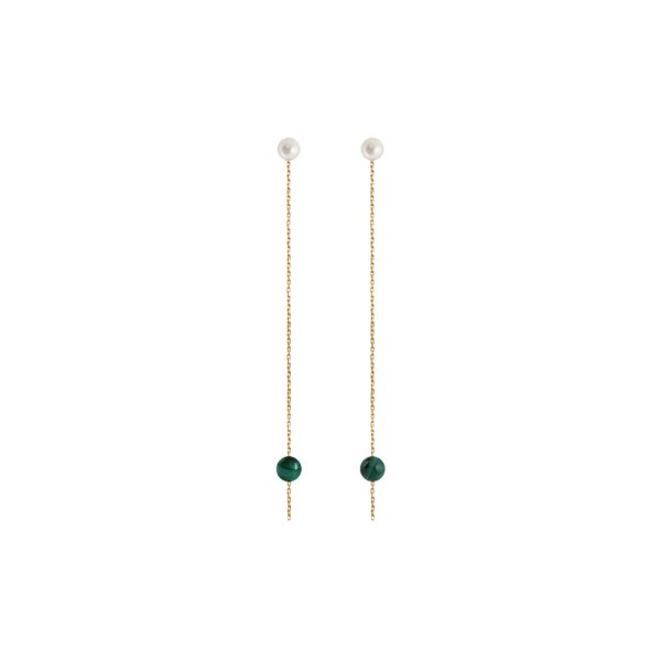 Boucles d'oreilles Claverin Hope  Two en or jaune perles blanches et perles de malachite