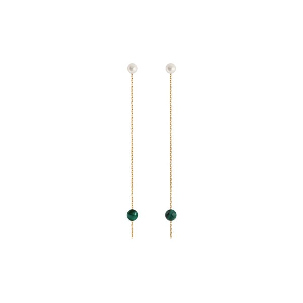 Boucles d'oreilles Claverin Hope  Two en or jaune perles blanches et perles de malachite