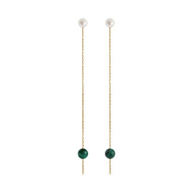 Boucles d'oreilles Claverin Hope  Two en or jaune perles blanches et perles de malachite