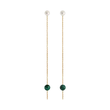 Boucles d'oreilles Claverin Hope  Two en or jaune perles blanches et perles de malachite