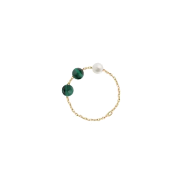 Bague chaîne Claverin Hope en or jaune perle blanche et perles de malachite