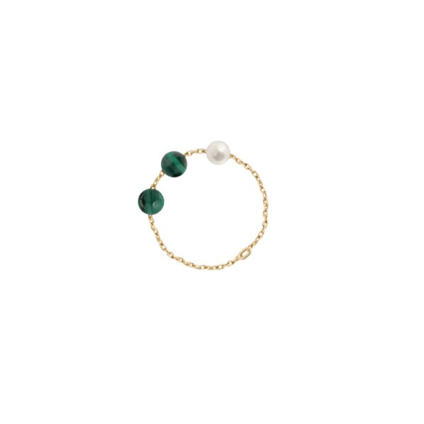 Bague chaîne Claverin Hope en or jaune perle blanche et perles de malachite