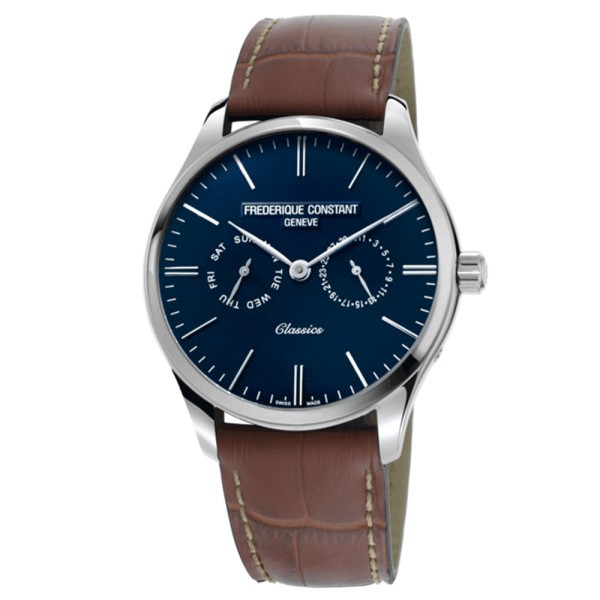 Montre Frédérique Constant Classics quartz cadran bleu bracelet cuir marron 40 mm