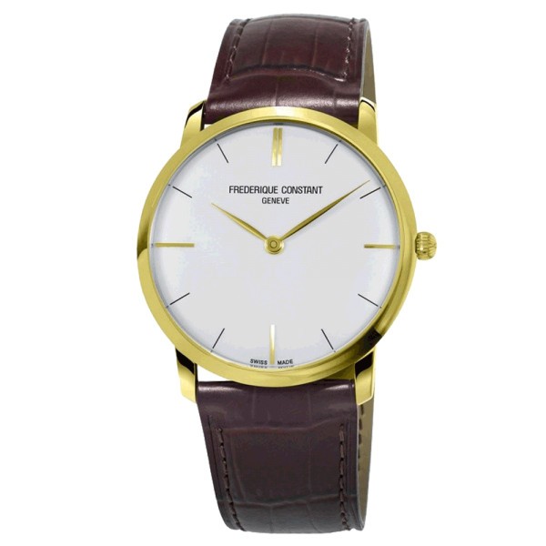 Montre Frédérique Constant Slimline quartz cadran blanc bracelet cuir marron façon croco 39 mm