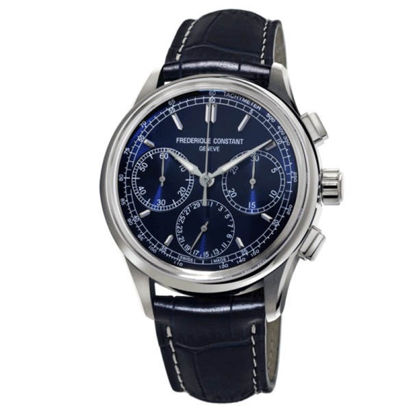 Montre Frédérique Constant Flyback Chronograph automatique cadran bleu bracelet cuir bleu 42 mm