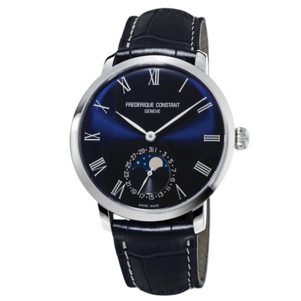 Montre Frédérique Constant Slimline Moonphase automatique cadran bleu bracelet cuir bleu 42 mm