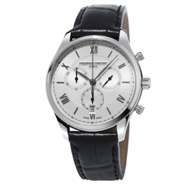 Montre Frédérique Constant Classics quartz chronographe cadran argent bracelet cuir noir 40 mm