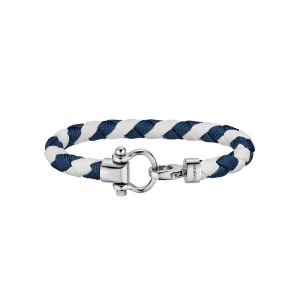 Bracelet Omega Sailing en acier inoxydable et nylon tressé blanc et bleu foncé