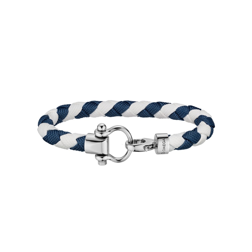 Bracelet Omega Sailing en acier inoxydable et nylon tressé blanc et bleu foncé