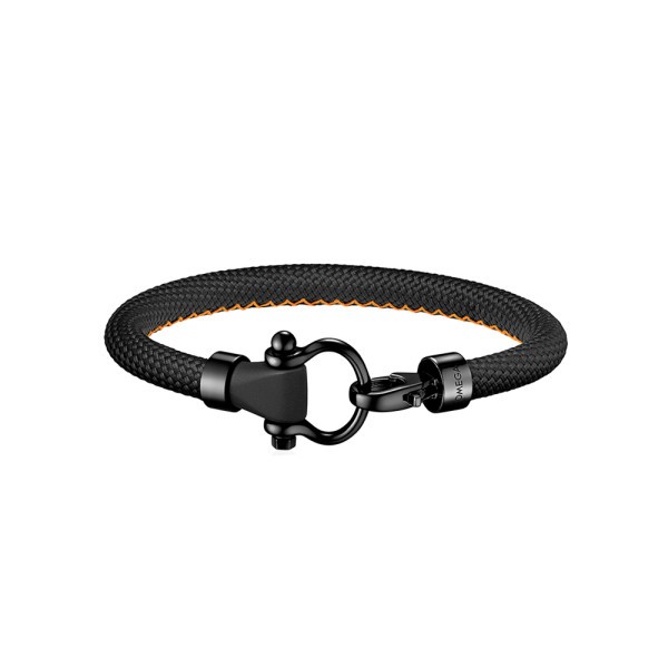 Bracelet Omega Sailing en acier inoxydable et caoutchouc noir structuré avec surpiqûre orange