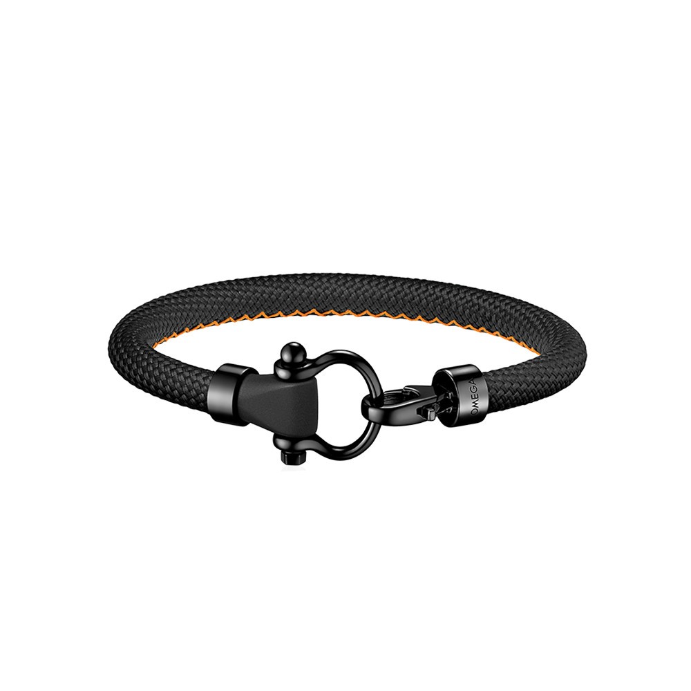 Bracelet Omega Sailing en acier inoxydable et caoutchouc noir structuré avec surpiqûre orange