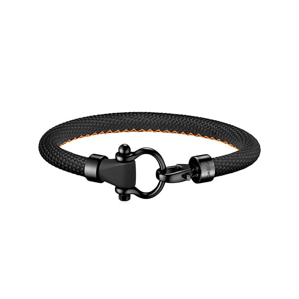 Bracelet Omega Sailing en acier inoxydable et caoutchouc noir structuré avec surpiqûre orange