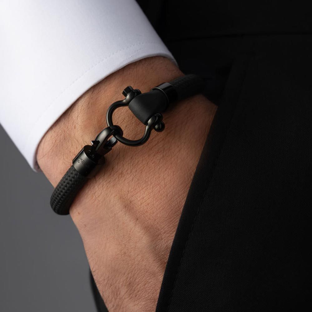 Bracelet Omega Sailing en acier inoxydable et caoutchouc noir structuré avec surpiqûre orange