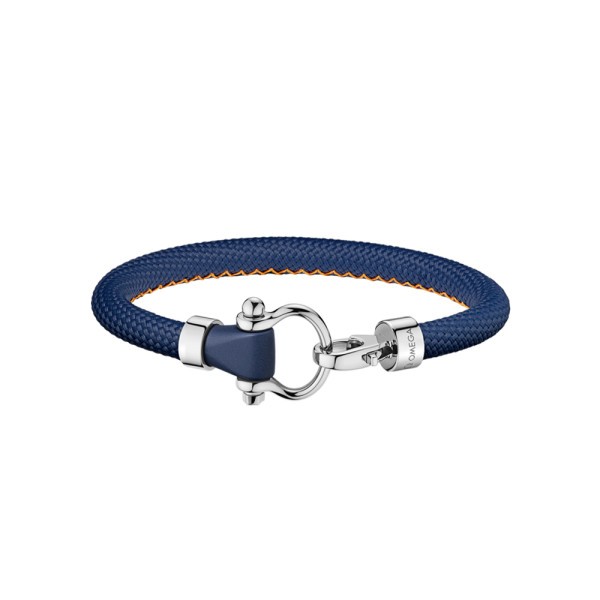 Bracelet Omega Sailing en acier inoxydable et caoutchouc bleu foncé structuré avec surpiqûre orange