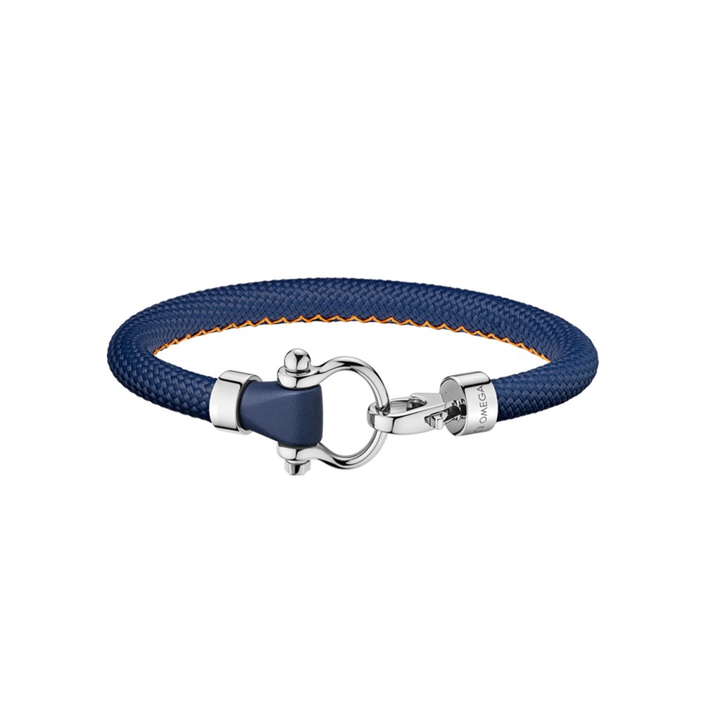 Bracelet Omega Sailing en acier inoxydable et caoutchouc bleu foncé structuré avec surpiqûre orange