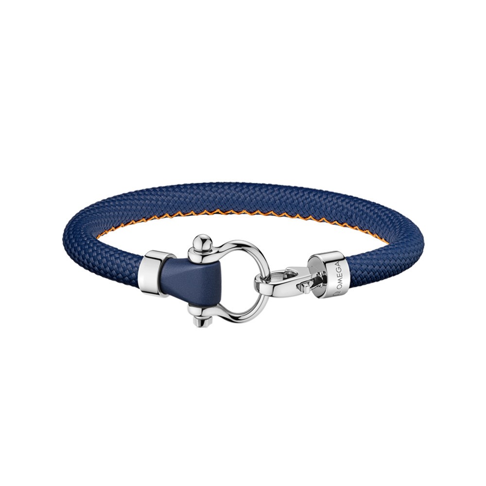 Bracelet Omega Sailing en acier inoxydable et caoutchouc bleu foncé structuré avec surpiqûre orange