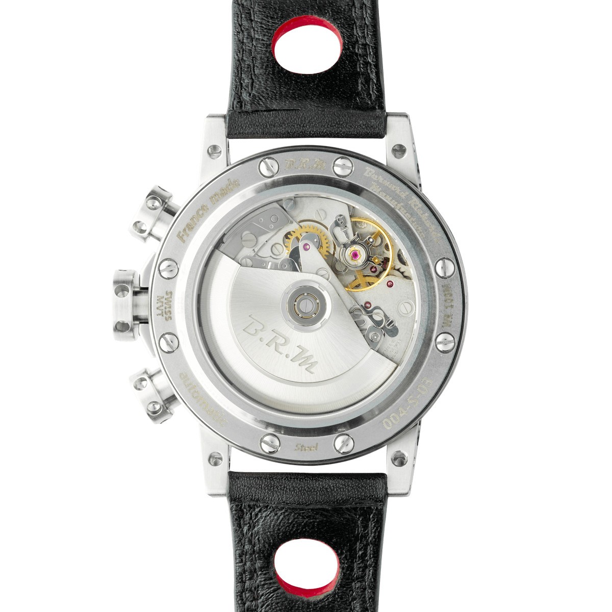 Montre BRM V12 automatique inox cadran noir aiguilles rouges bracelet caoutchouc noir 44 mm