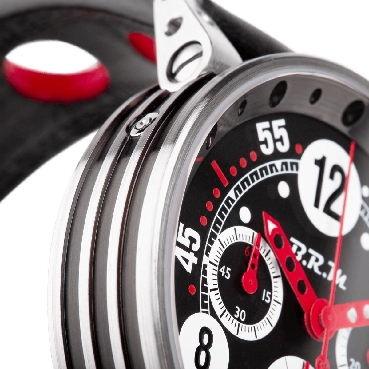 Montre BRM V12 automatique inox cadran noir aiguilles rouges bracelet caoutchouc noir 44 mm