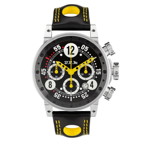 Montre BRM V12 automatique inox cadran noir aiguilles jaunes bracelet caoutchouc 44 mm