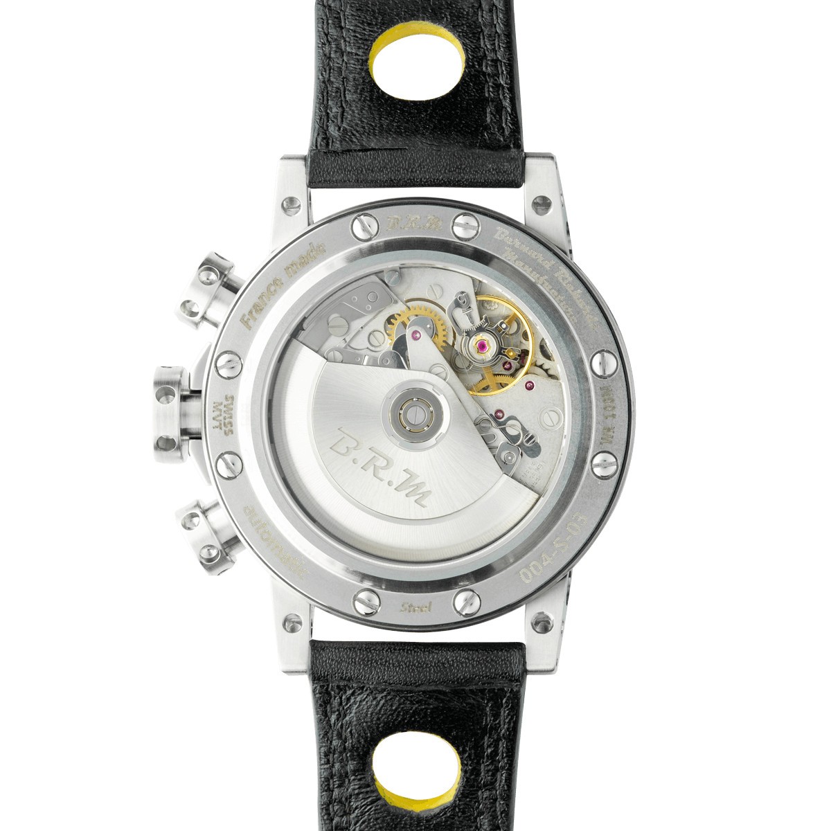 Montre BRM V12 automatique inox cadran noir aiguilles jaunes bracelet caoutchouc 44 mm