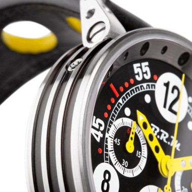 Montre BRM V12 automatique inox cadran noir aiguilles jaunes bracelet caoutchouc 44 mm