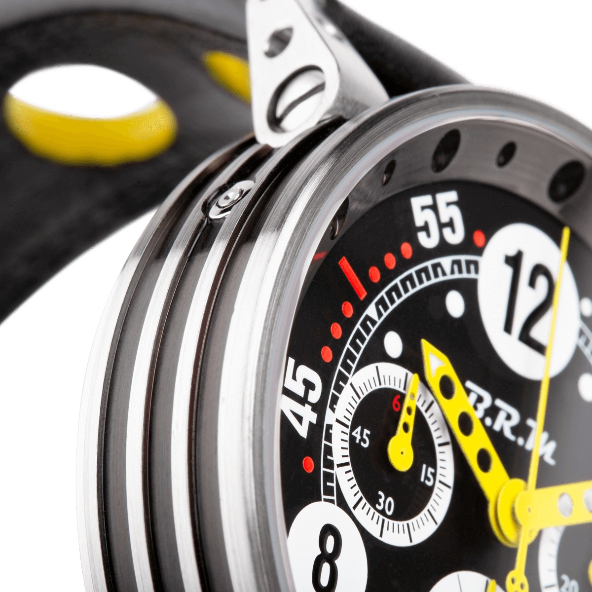 Montre BRM V12 automatique inox cadran noir aiguilles jaunes bracelet caoutchouc 44 mm