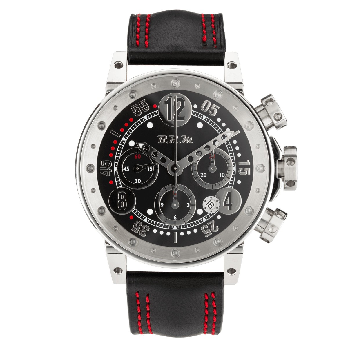 Montre BRM V12 automatique inox cadran noir bracelet cuir noir 44 mm
