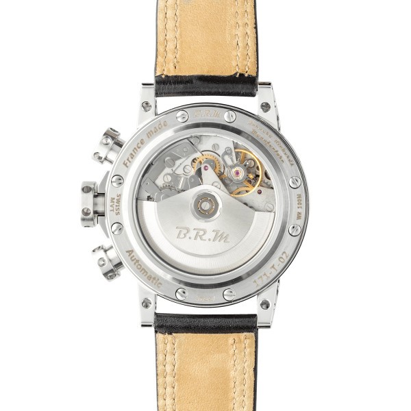 Montre BRM V12 automatique inox cadran noir bracelet cuir noir 44 mm