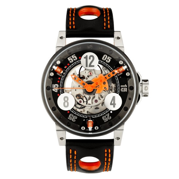 Montre BRM V6 automatique inox PVD noir cadran squeletté aiguilles oranges 44 mm