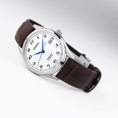 Montre Seiko Presage automatique cadran blanc bracelet cuir marron 39 mm