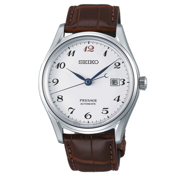 Montre Seiko Presage automatique cadran blanc bracelet cuir marron 39 mm