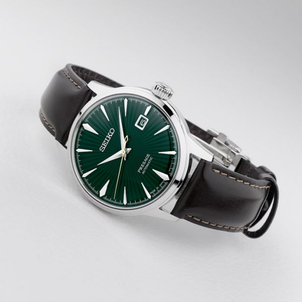 Montre Seiko Presage automatique cadran vert bracelet cuir marron 40,5 mm