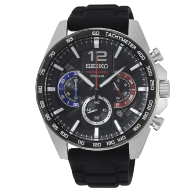 Montre Seiko Sport chronographe quartz cadran noir compteurs rouge et bleu bracelet silicone noir 43,9 mm