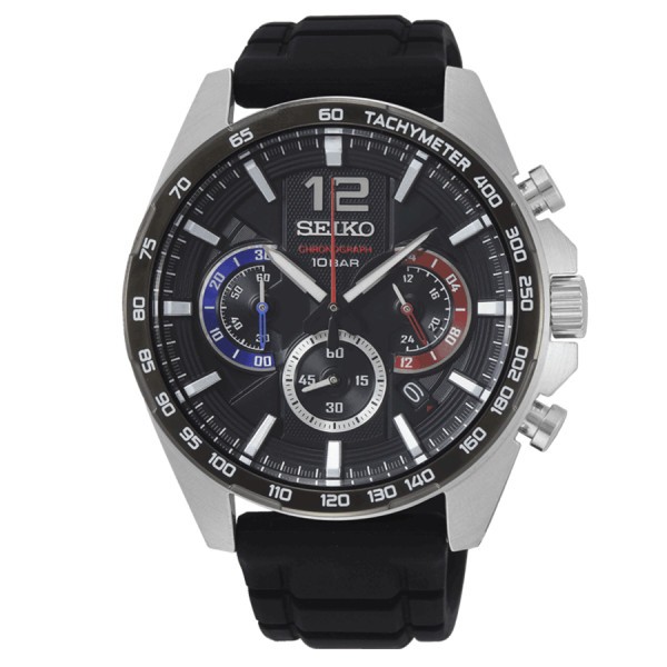 Montre Seiko Sport chronographe quartz cadran noir compteurs rouge et bleu bracelet silicone noir 43,9 mm